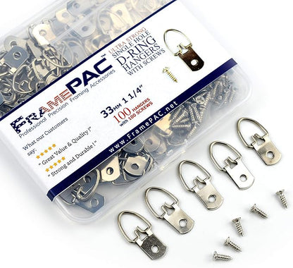 D Ring Picture Hangers with Screws - 100 Pack - Bulk D Rings - Pro Quality Hangers - Picture Hanging Solutions