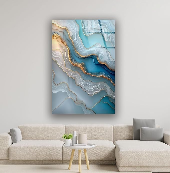 My Photostation.com 24Wx30H'' Turquoise and Blue Alcohol ink Glass Wall Art Tempered Glass Printing Wall Decor Large Wall Art Wall Hangings
