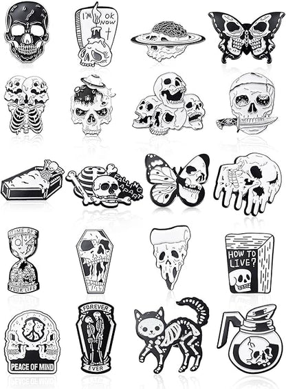 BBTO 20 Pieces Enamel Pins Skull Spooky Skeleton Enamel Pins Set Black Decorative Cartoon Goth Skull Horror Dark Brooch Cute Lapel Buttons for Jacket Backpack Hat Halloween