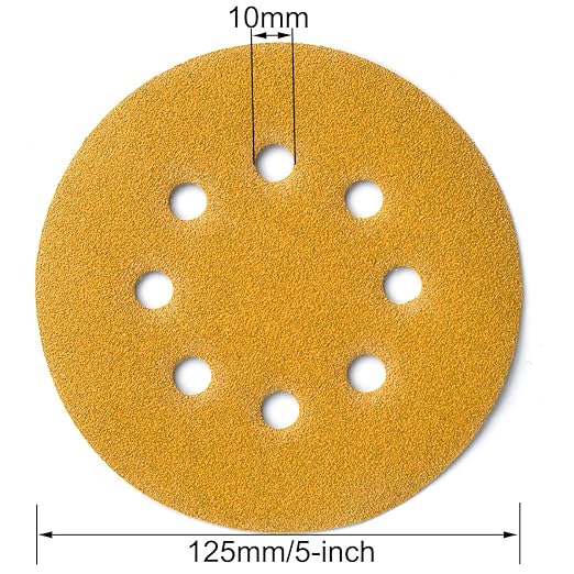 5-Inch 8-Hole Hook and Loop Sanding Discs, 60/80/120/150/220/320/400 Assorted Grits Gold Sanding Disc for Random Orbital Sander, 105-Pack