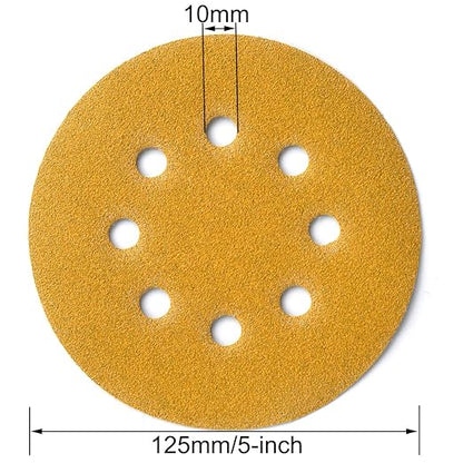 5-Inch 8-Hole Hook and Loop Sanding Discs, 60/80/120/150/220/320/400 Assorted Grits Gold Sanding Disc for Random Orbital Sander, 105-Pack