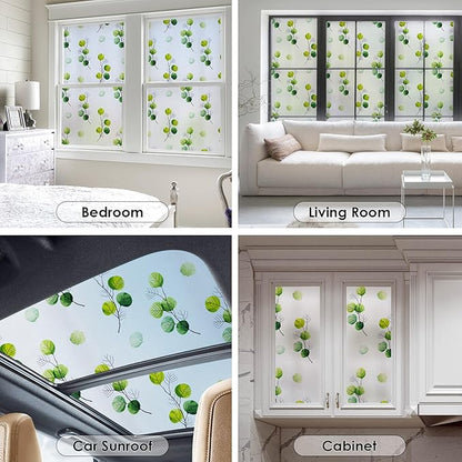 DKTIE Eucalyptus Leaves Stained Glass Window Film with Installation Tools, INS Style Window Privacy Film Decorative, Nordic Style for Home Decor (S541, 35.4'' x 118.1'')