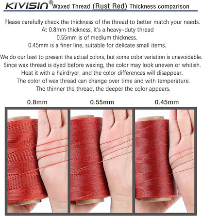 Thin Wax Polyester Thread, 0.45mm, 547 Yards, 3 Ply Round Waxed Cord Strings for Sewing, Beading, Binding, Micro Braiding, Fine Leather Craft and Micro Macrame Jewelry - Rust Red