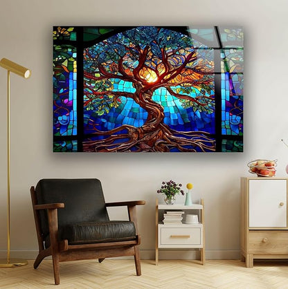 My Photostation.com Round 24'' Stained Blue Life of Tree Glass Wall ArtTempered Glass Printing Wall Decor Large Wall Art Wall Hangings