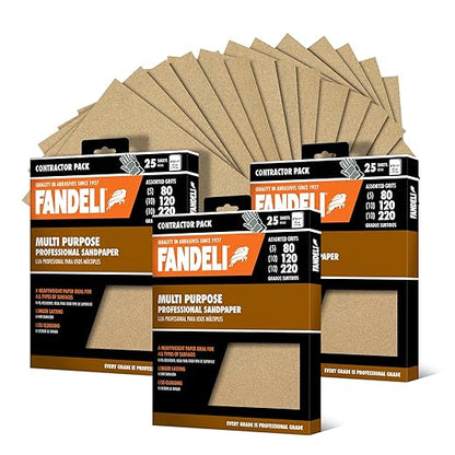 Fandeli | Multi-Purpose Sanding Paper | Assorted Grits (80,120,220) | 75 Sheets of 9'' x 11'' | Perfect for Sanding Metal and Sanding Wood | Hand Sanding | Orbital Sanders..