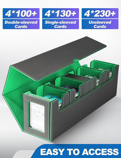 Card Deck Box for MTG with Commander Display, 5 in 1 Card Deck Case Holds 800+ Unsleeved Cards, Strong Magnet Organizer Compatible with Yugioh TCG Sports Cards (Black&Green)