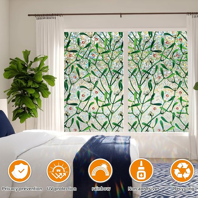 Window Privacy Film Stain Glass Window Film Rainbow Window Film Window clings Non-Adhesive Reusable Decorative for Room (Mistletoe Rainbow, 45.2 x 78.7 in)