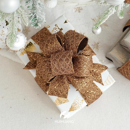 HUIHUANG Copper Wired Ribbon 4 inch Glitter Christmas Wired Ribbon Diamond Mesh Wire Ribbon for X-mas Tree Decorations, Wreaths, Garland, Large Bows Making, Thanksgiving Fall Decor -10 Yards