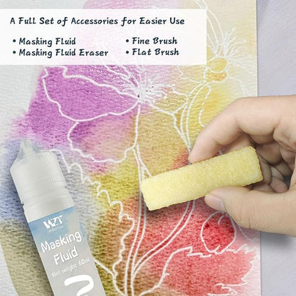 Masking Fluid for Watercolor Painting - 60ml White with a Paintbrush and Eraser - Art Masking Fluid Pen Watercolor Medium Art Supplies for Artists