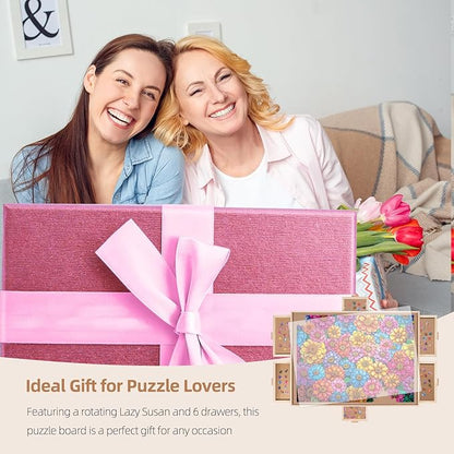 1500 Pieces Rotating Puzzle Board with 6 Drawers, Lazy Susan & Transparent Cover, 34.2"x25.2" Portable Wooden Jigsaw Puzzle Board, Great Gift for Puzzle Enthusiasts