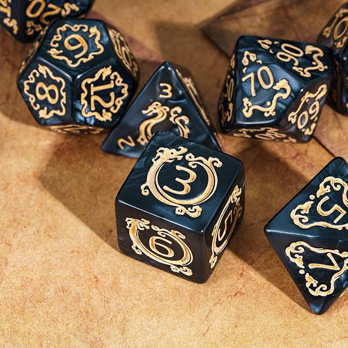 7-Die DND Dice Set Dragon Pattern Polyhedral Die with Leather Bag D&D Dice Set for RPG Table Games (Black W/Gold Dragon Pattern)