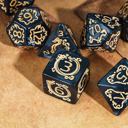 7-Die DND Dice Set Dragon Pattern Polyhedral Die with Leather Bag D&D Dice Set for RPG Table Games (Black W/Gold Dragon Pattern)