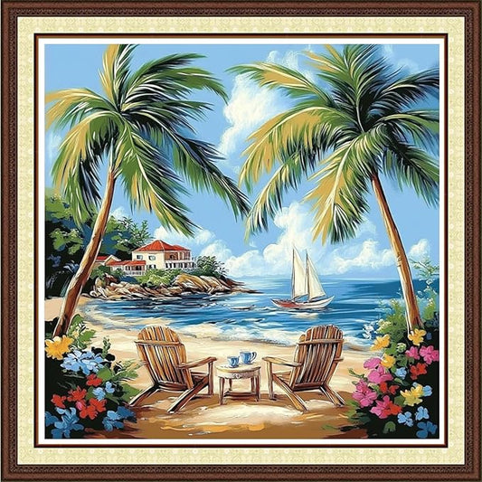 Findvoor Counted Cross Stitch Kits for Adults Full Range of Cross Stitching Embroidery Unprinted Pattern for Beginners, 11CT Needlepoint Kit Patterns Embroidery Kits-Drinking Tea Tree 18x18 inch