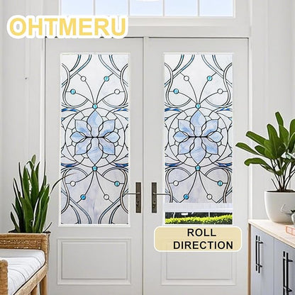3D Stained Glass Window Privacy Film, Heat Control UV Blocking Static Cling Decorative Window Film for Bathroom,Front Door,Home Non Adhesive,16.9 x 39.3 inches Azure Bloom