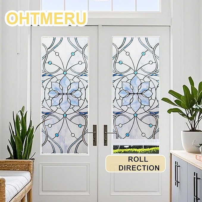 3D Stained Glass Window Privacy Film, Heat Control UV Blocking Static Cling Decorative Window Film for Bathroom,Front Door,Home Non Adhesive,16.9 x 78.7 inches Azure Bloom