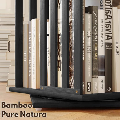 YOWOS Rotating Bookshelf Tower, 360 Display Spinning Bookcase, Bamboo Bookshelf Floor Standing Storage Rack, Wood Narrow Book Shelf Organizer for Kids&Adults (Black, 2 Tier)