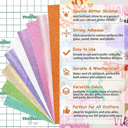 TECKWRAP Glitter Adhesive Vinyl, 12" x 12" 9 Glitter Colors with 1 High Tack Transfer Tape, Permanent Craft Vinyl for Scrap-Booking, Decals, DIY Projects, Home Decor, DIY Project Party Decoration