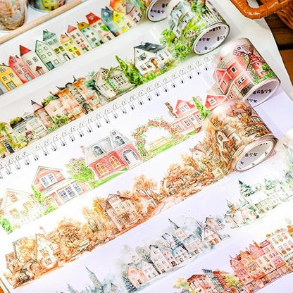 PET Tape Stickers for Scrapbooking,6 Rolls Vintage Town Tape Stickers for Scrapbook Supplies,DIY Craft,Journaling,Notebook,Phone Case(Town)