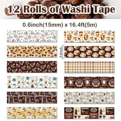 12 Rolls Coffee Washi Tape Set, Vintage Coffee Decorative Tapes, Retro Brown Watercolor Cafe Masking Tape for Journaling, Scrapbooking, Planner, DIY Arts Crafts Supplies, Gift Wrapping 16.4FT