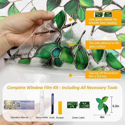 Stained Glass Window Privacy Film Decorative Rainbow Static Clings – Ideal for Home & Office, Adhesive-Free, Removable, UV-Blocking (Green Rainbow, 35.4 X 157.4 in)