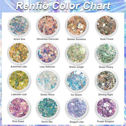 Renfio Opal Chunky Glitter Set - 16 Dreamy Amber Colors, 10g Each - Holographic Fine Glitter Mix, Iridescent Flakes for Snow Globe, Tumbler, Nail Art & DIY Crafts