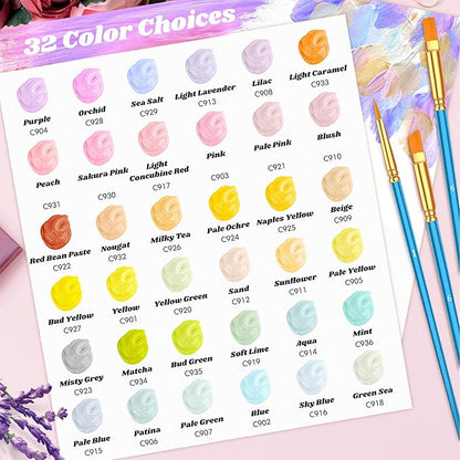 Caliart Acrylic Paint Set with 12 Brushes, 36 Pastel Colors (59ml, 2oz) Art Craft Paint for Artists Adults Beginners Painters, Canvas Ceramic Wood Fabric Rock Painting Supplies Kit