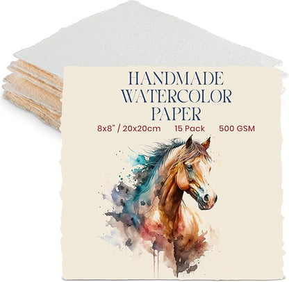 Wanderings Thick Handmade Watercolor Paper with Deckled Edge - 8x8-500GSM Premium Ivory Cold-Pressed Textured Mixed Media Paper Made with Recycled Cotton - 15 Loose Leaf Sheets
