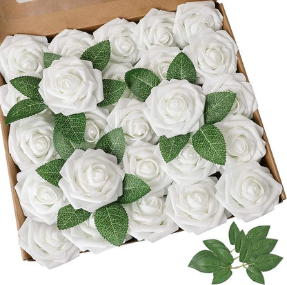 AmyHomie Artificial Flowers White Rose 100pcs Real Looking Fake Roses w/Stem for DIY Wedding Bouquets Centerpieces Arrangements Party Baby Shower Home Decorations