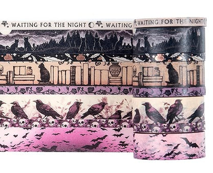 Conquest Journals Waiting for the Night Washi Tape Bundle, 8 Rolls, 4 15mm Rolls and 4 Corresponding 5mm Rolls, Goth Inspired Washi for All Your Planning, Journaling and Scrapbooking Projects