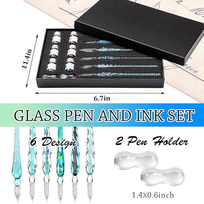 Zonon Glass Dipped Pen Ink Set 14 Pcs Include 6 Pcs Glass Dip Pen, 6 Colorful India Ink and 2 Holder Crystal Signature Calligraphy for Art, Writing, Signatures, Gift(Blue Color System)