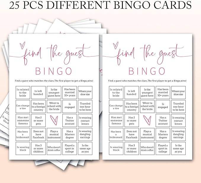 Bridal Shower Bingo, 25Pcs Prefilled Find The Guest Bingo Game Cards, Engagement Party Games for Guests, Pink Wedding Party Supplies - E17