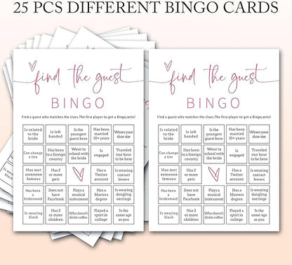 Bridal Shower Bingo, 25Pcs Prefilled Find The Guest Bingo Game Cards, Engagement Party Games for Guests, Pink Wedding Party Supplies - E17