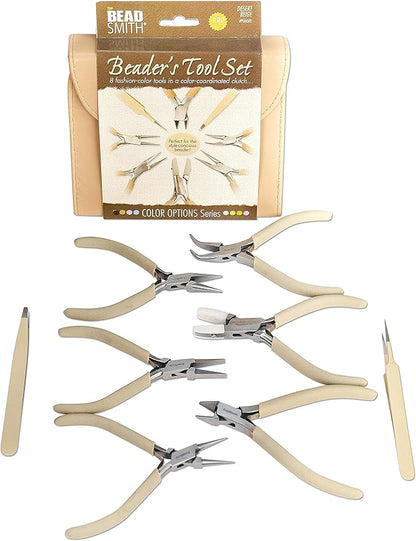 The Beadsmith Fashion Color Pliers – Set of 8 Slimline Color-Coordinated Tools – Matching Clutch in Beige – Jewelry Making Supply Kit to Create Necklaces, Bracelets, Earrings & More