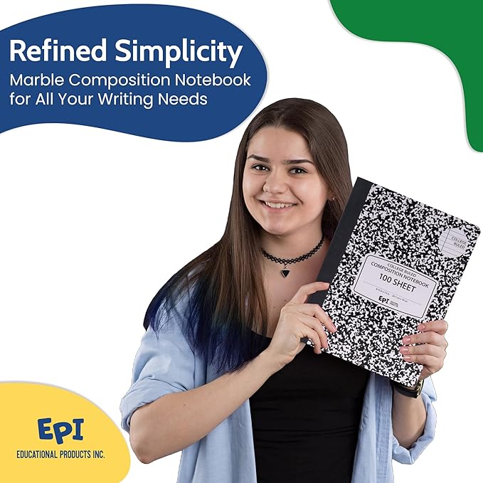 EPI Marble Hardcover College Ruled Composition Notebook | 200 Pages (100 Sheets), 9.75 x 7.5 in, Sturdy Sewn Binding | School, Office, Journaling, Notes - 24 Pack