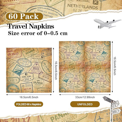 60 Pcs World Travel Cocktail Paper Napkins 6.5 x 6.5 Inches Disposable Paper Napkins Dessert Beverage Tissue for Decoupage Luncheon Tissue for Theme Party Wedding Birthday Party