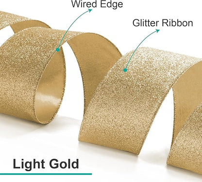CT CRAFT LLC Glitter Wired Ribbon 6" x 10 Yards Light Gold for Christmas Home Decor Bow Gift Wrapping DIY Crafts Wreath