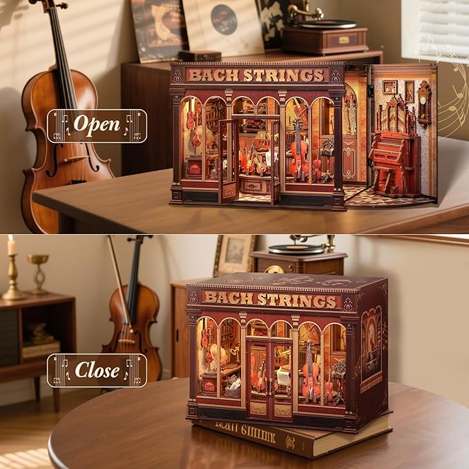 CUTEBEE Book Nook Kit - DIY Miniature House Dollhouse Kit for Adult and Teens, Booknook Bookshelf Decor Alley Model Build with LED Light, Gifts for Family and Friends (Bach Strings)
