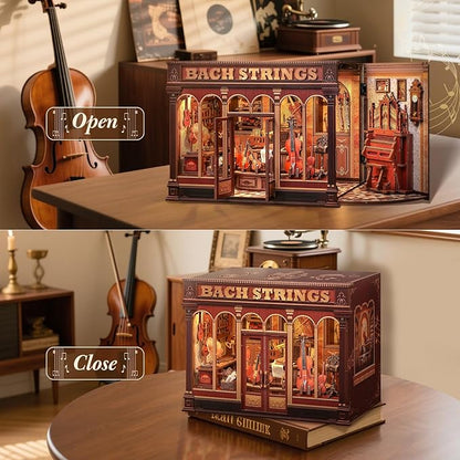CUTEBEE Book Nook Kit - DIY Miniature House Dollhouse Kit for Adult and Teens, Booknook Bookshelf Decor Alley Model Build with LED Light, Gifts for Family and Friends (Bach Strings)