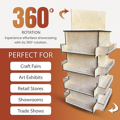 4-Sided Rotating Display Stand - Craft Shows, Trade Shows, Markets - Small & Medium-Sized Items like Stickers, Postcards, Coasters, Note Pads, Napkins - Heavy-Duty, Easy to Assemble (Natural)…