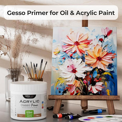 Nicpro White Gesso Primer for Acrylic Painting(28.2 Oz / 513ML), Excellent Coverage, Gesso Surface Prep Medium for Acrylic Paint & Oil Paint, Heavy Gesso Primer for Canvas, Wood, Paper, Plastic