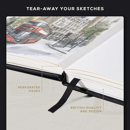 Beechmore Books A5 Sketch Book – 5.8"x8.3" Premium Vegan Leather Hardcover Sketchbook, 96 Thick 300gsm Perforated Ivory Pages, Ideal for Sketching, Watercolor & Mixed Media, Includes Back Pocket