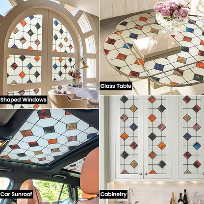 DKTIE Stained Glass Window Film Geometric Patterns, Fine Frosted Window Clings for Glass Windows, Waterproof for Bathroom Window Privacy Film Day and Night (S533, 35.4in X 78.7in)