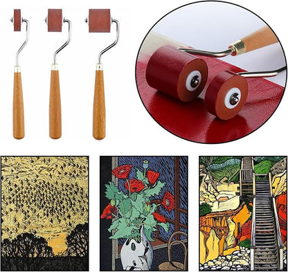 3Pcs Brayer Rubber Rollers, Printmaking Brayers, Art Craft Roller, Craft Stamping Brayers, Brayer Ink Roller with Comfort Wooden Handle for Print Stamping Tools Wallpapers and Scrapbooks