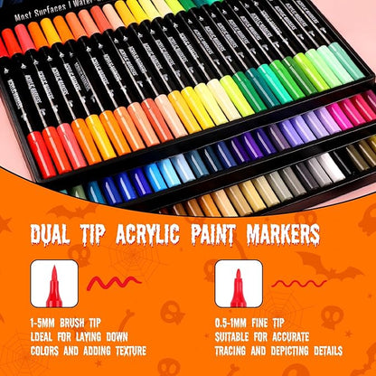 72 Colors Acrylic Paint Markers, Dual Tip with Fine Tip and Brush Tip Pens for Stone, Wood, Calligraphy, Canvas, Ceramic, Metal, Glass, Rock Painting, DIY Crafts