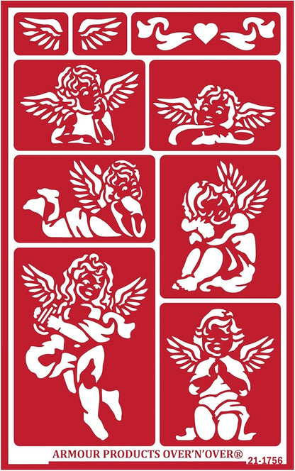 Over'N'Over Reusable Glass Etching Stencils – Durable Self-Stick Designs for Glass, Mirrors, and Ceramics with Armour Etch Cream – 5” x 8” Stencil Sheet - Cherubs