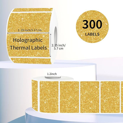 2.25"x1.25" Direct Thermal Labels, Holographic Thermal Printer Labels for Barcode, Self-Adhesive Address Shipping Thermal Label Stickers-1 Roll, 300 Labels, Holographic Gold