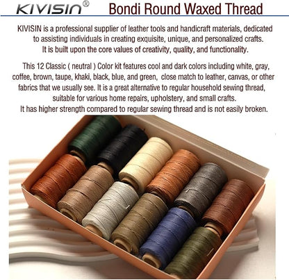 Round Polyester Waxed Thread 0.55mm, 12 Neutral Colors 76 Yards/Spool Wax Coated String Thin Cord for Leather Upholstery Sewing, Stitching, Bookbinding, Beading, Micro Knotting and Braiding
