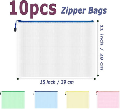 AUSTARK 10 Pcs Zipper File Bags, Waterproof Plastic Mesh Pouch for Office School, Board Game Storage Bags (B4 Size 15''x11'', Multicolored)