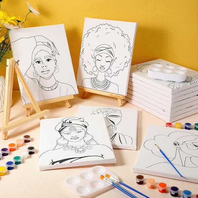 Zhanmai 12 Pack Pre Drawn Canvas for Painting Sip and Paint Kit 8" x 10" Paint Party Set Canvas Painting Pre Printed Canvases for Party Favor DIY Virtual Adult's Date Night(Afro Queen)