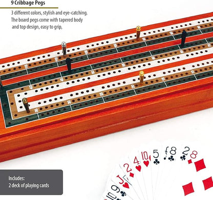 ERLLE - Wooden Cribbage Board Game Set, Continuous 3 Track Wooden Board, 9 Metal Pegs, 2 Decks of Cards, Sliding Lid and Storage, Unique Cribbage Boards,Travel Portable Cribbage Game Sets